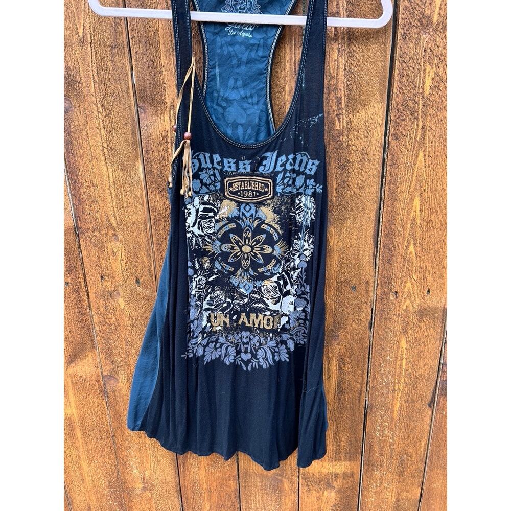 Vintage GUESS JEANS Silk Back Graphic Tank Dress Tunic M Y2K Grunge